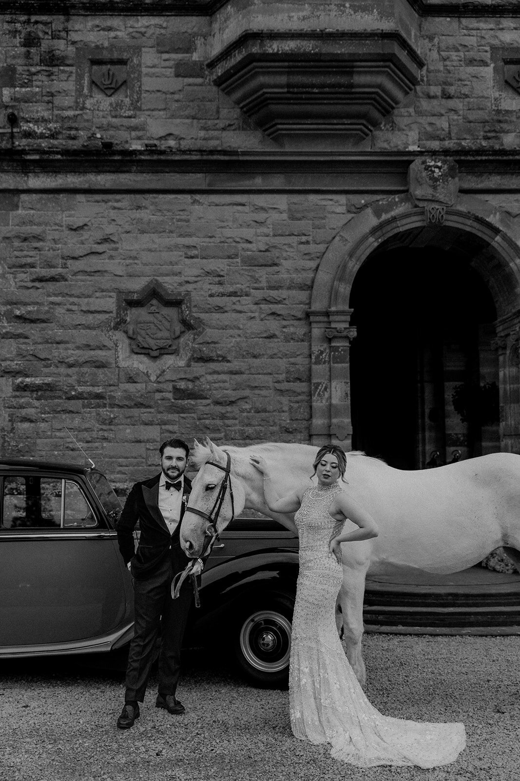 Ireland castle with bride and groom in front with horse and car
