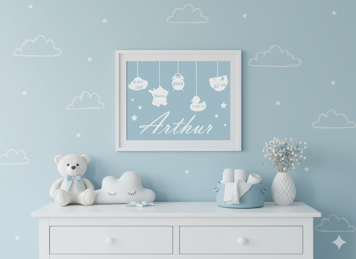 Cadre de naissance décoré de nuages et d’éléments suspendus, accroché au mur d’une chambre de bébé bleue avec peluches et accessoires. Le cadre affiche un prénom et des informations de naissance