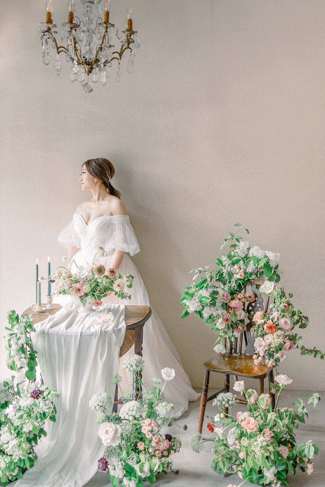 styled bridal session with floral chair