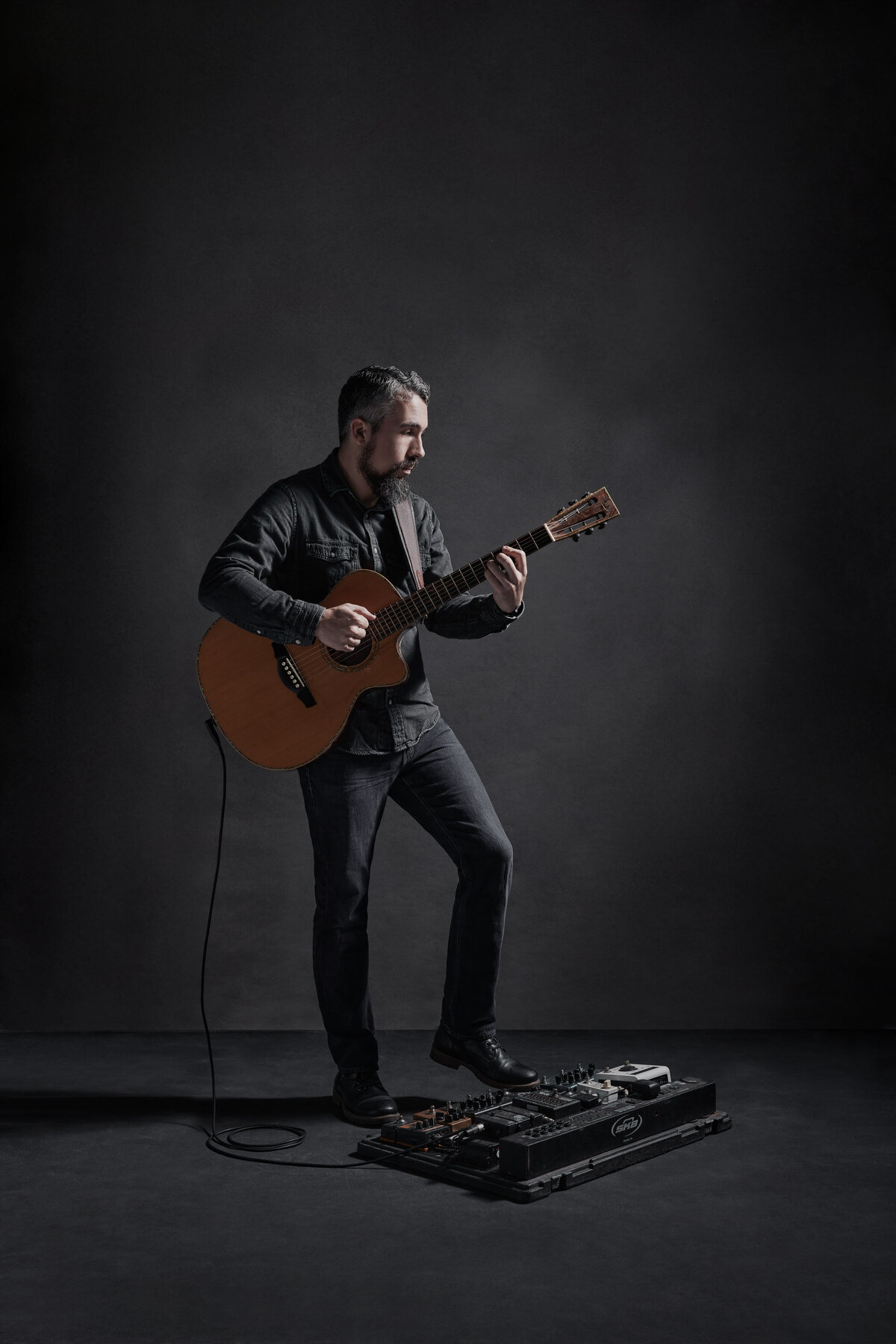 A man playing guitar with a control panel at his feet