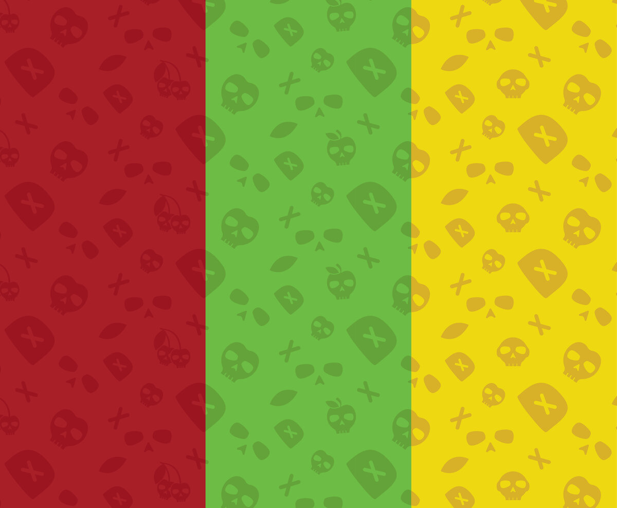 Dead Sour flavor patterns created by Ayanna Richilano Designs in the order red, green, yellow. The pattern is comprised of each color two toned with elements from  each flavor and the logo type like the skull head fruits, the skull eyes and nose, and x's