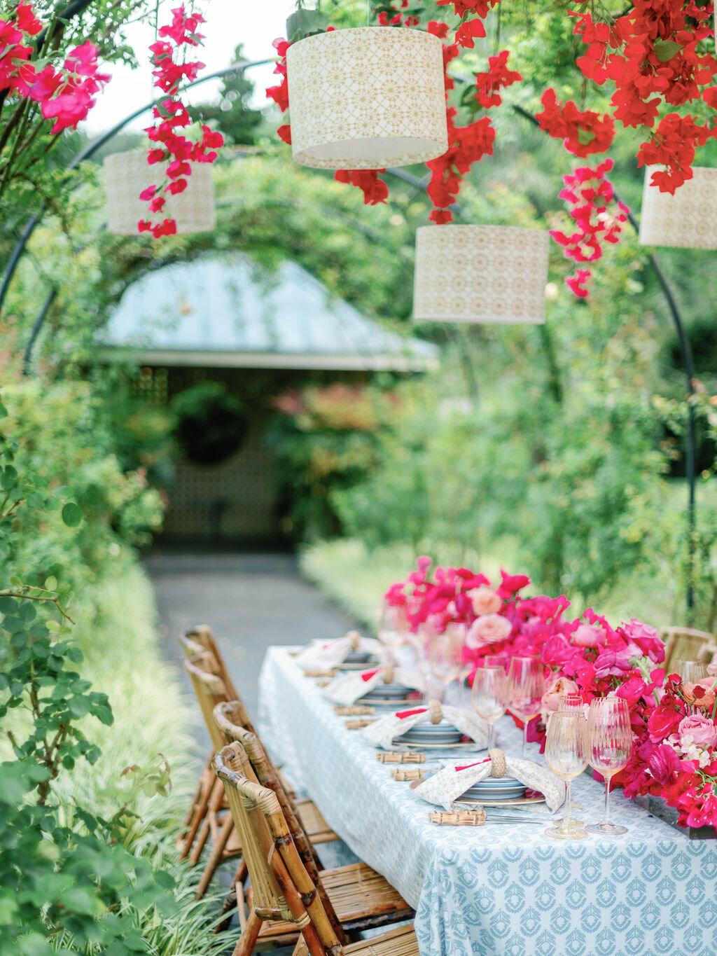 Reception table with pink floral centerpices