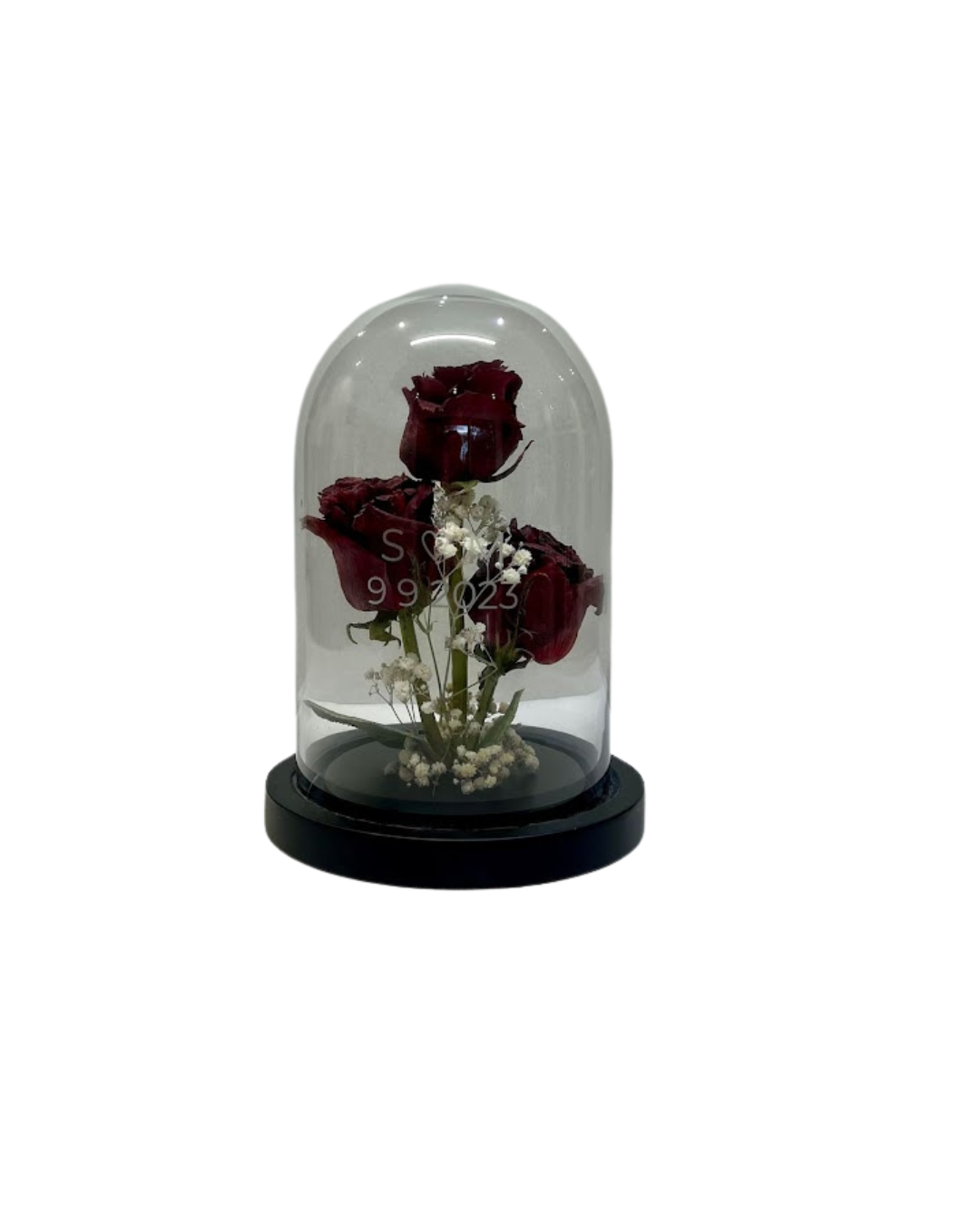 Preserved florals in dome.