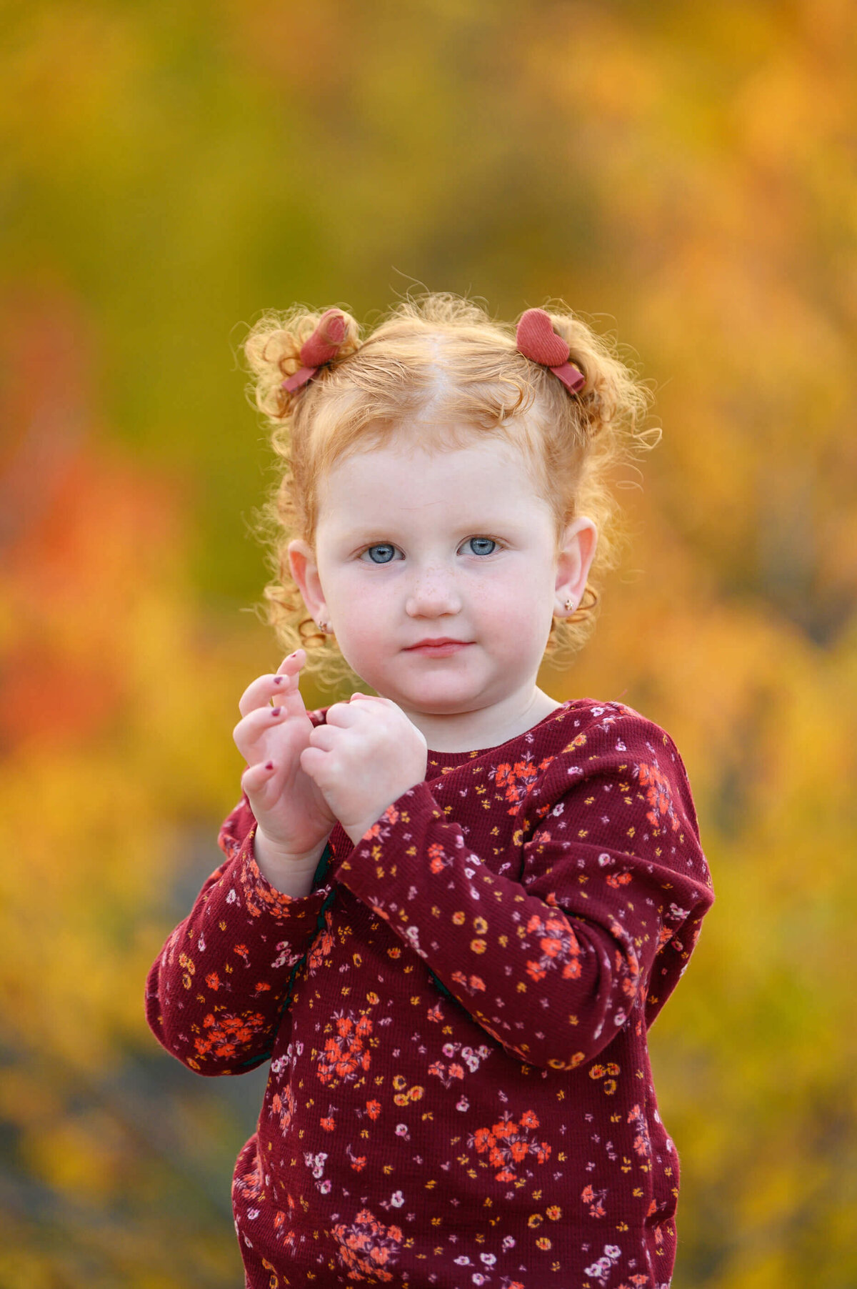 up close photo of red haired little girl for her fall family photos.