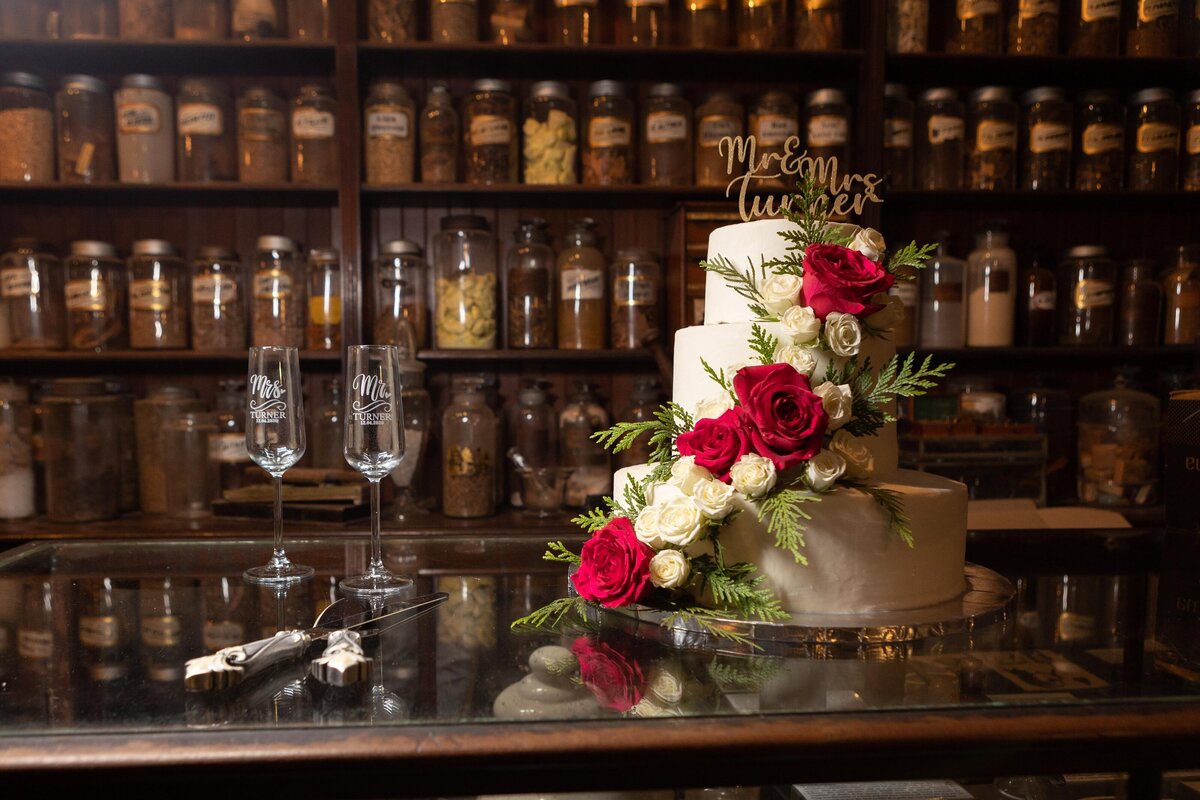 Detail photo of the wedding cake at the Pharmacy Museum in New Orleans, Louisiana.