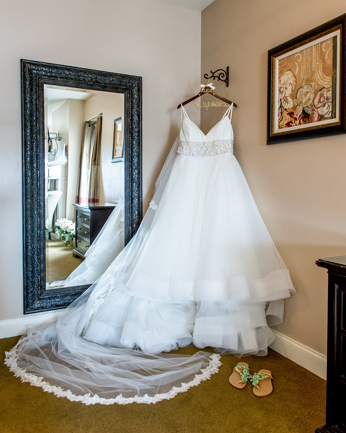 Unon Bluff Meeting House Bridal Suite Dress hanging with veil York Beach Maine