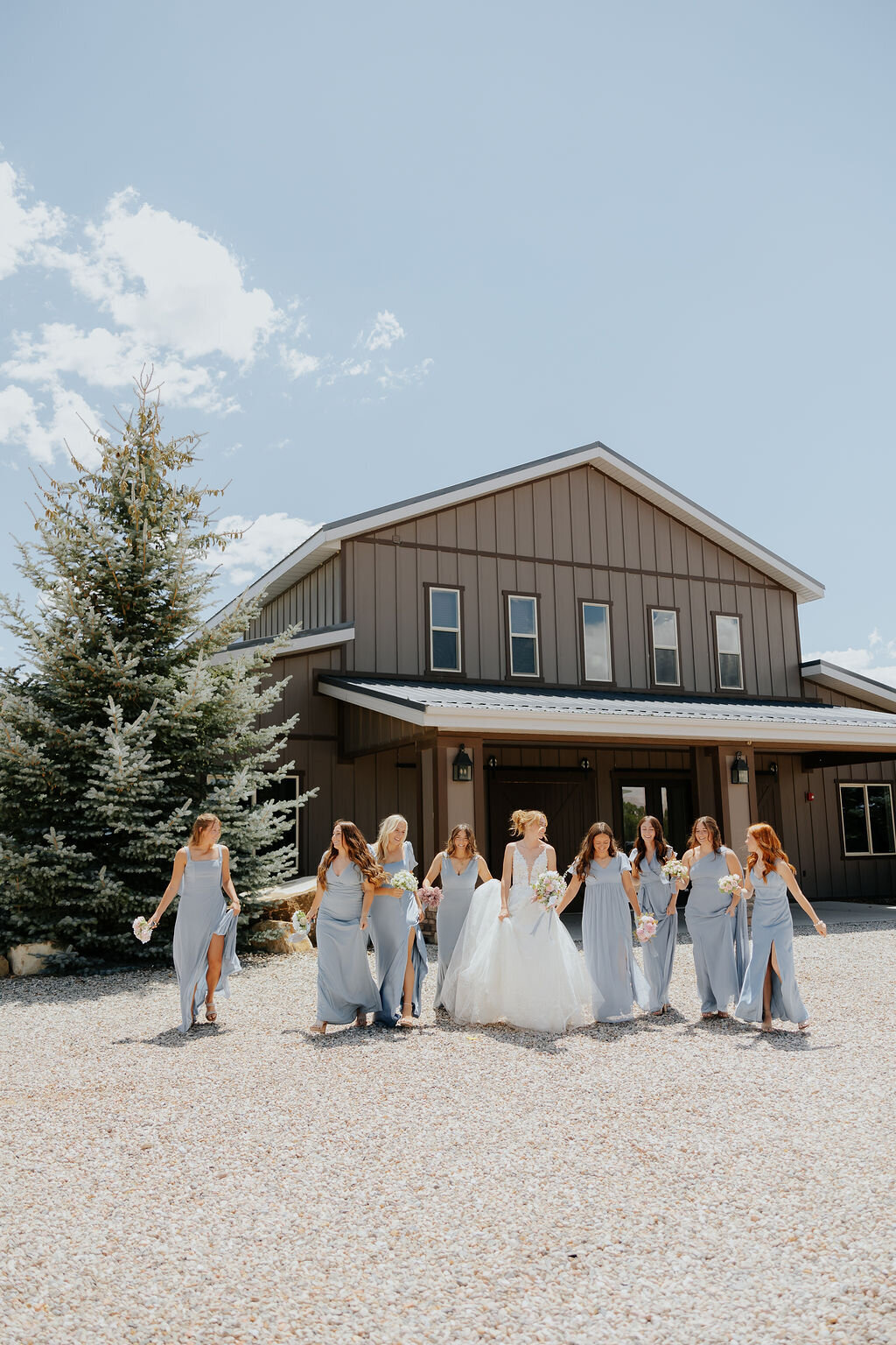 Wedding party in front of the barn