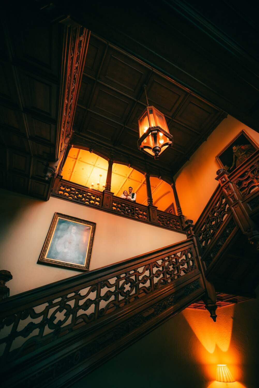 Traditional staircase with Bride and Groom Welcombe Hotel