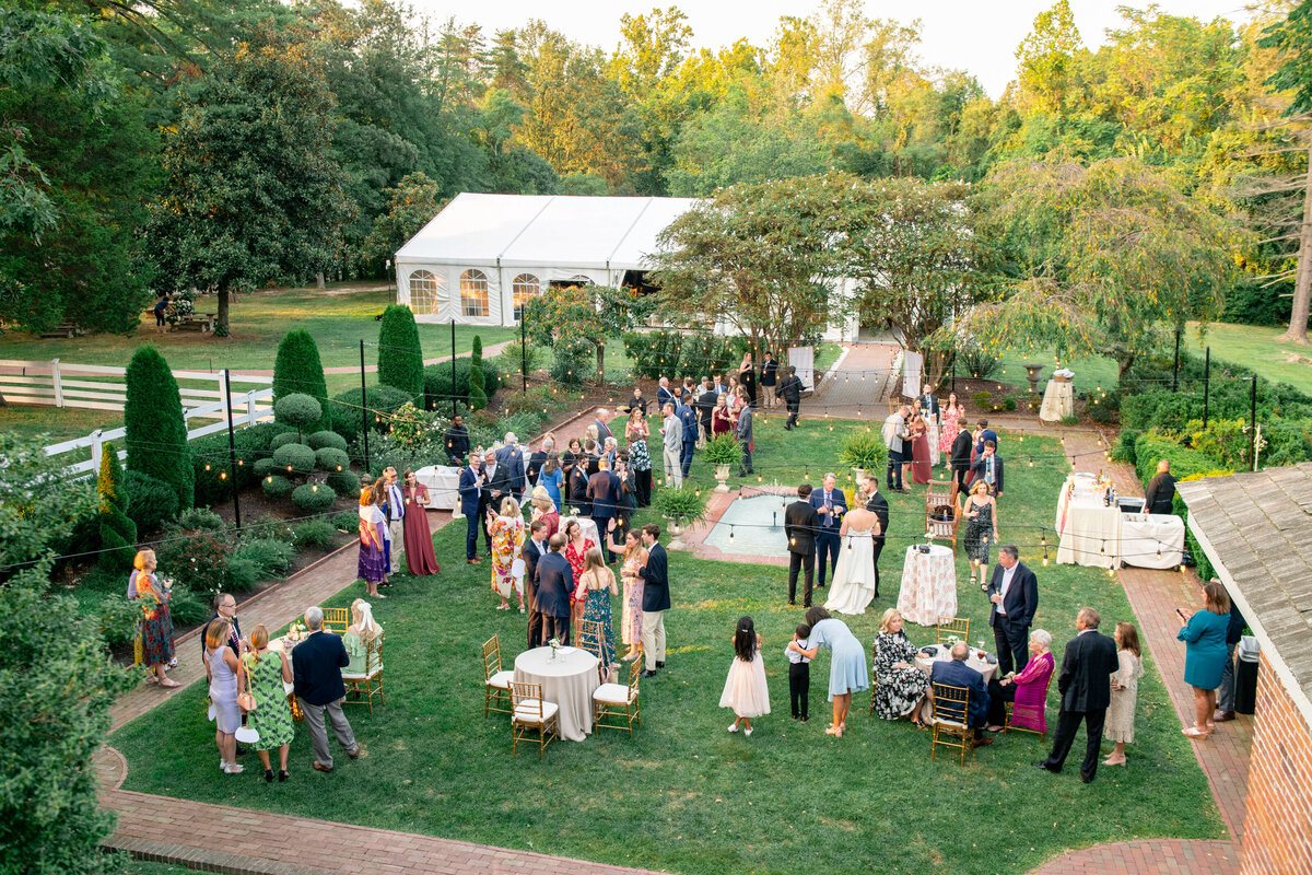 Aerial view of an outdoor garden party with elegantly dressed guests mingling on a lawn. A white tent is visible in the background, surrounded by lush greenery and trees. Tables and chairs are arranged around the grassy area.