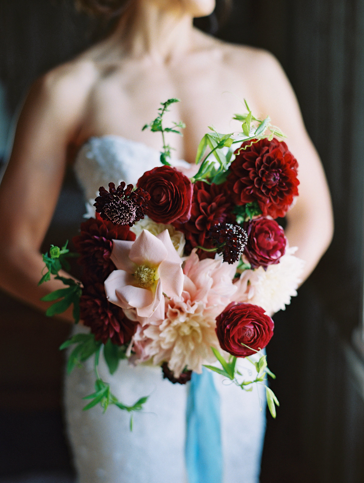Burgundy Bridal Bouquet with Dahlias Oregon Wedding © Bonnie Sen Photography
