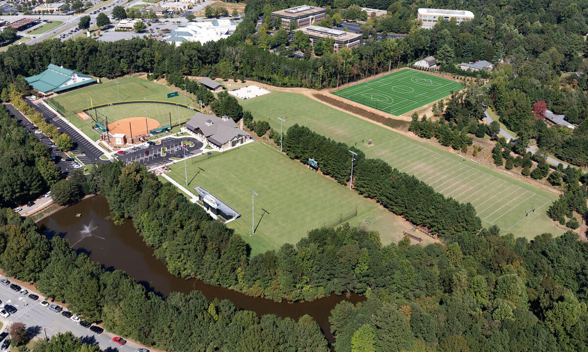 aerial view of the la cross, softball, and soccer fields at the Wesleyan School