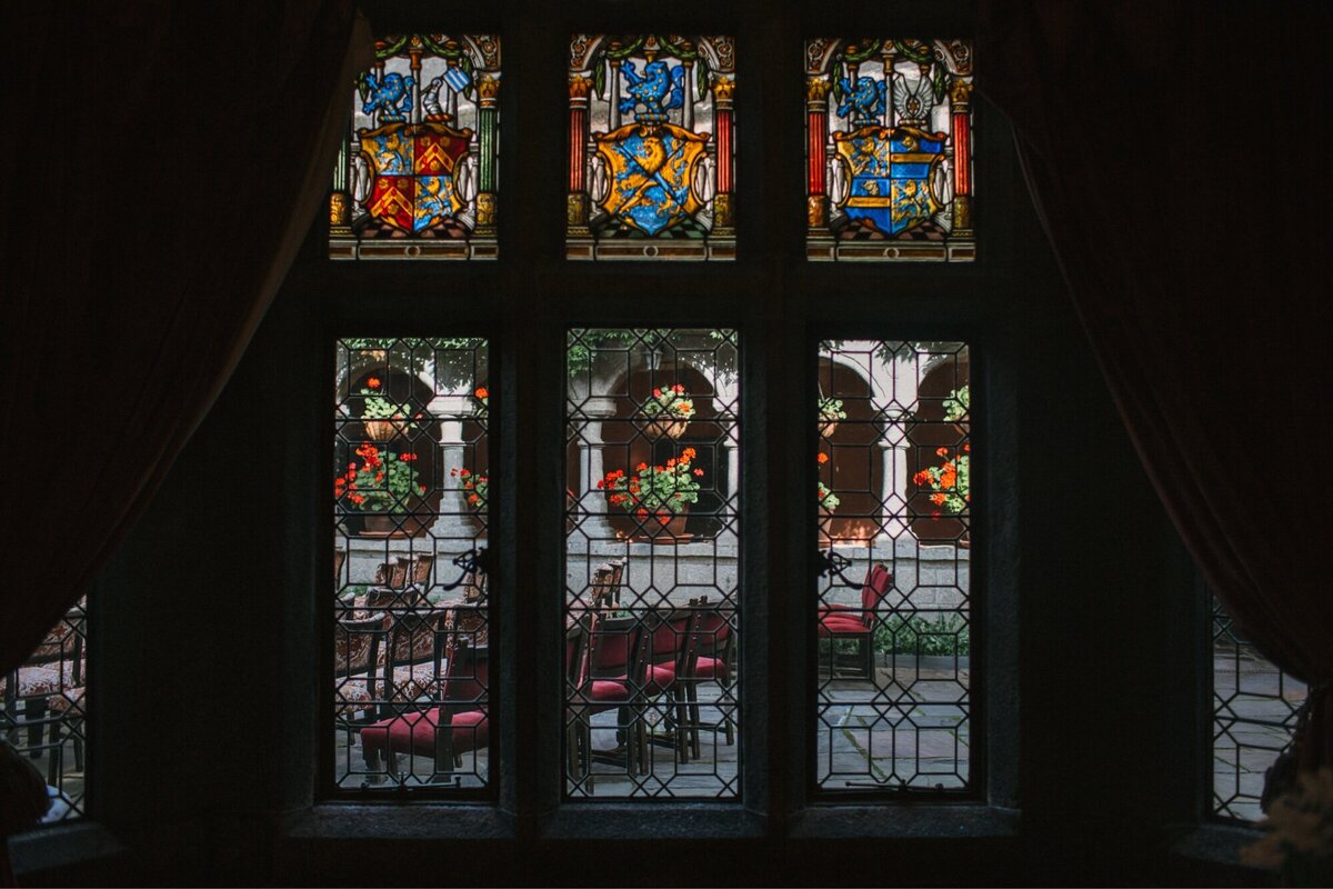 Stained glass windows at wedding venue on Dartmoor