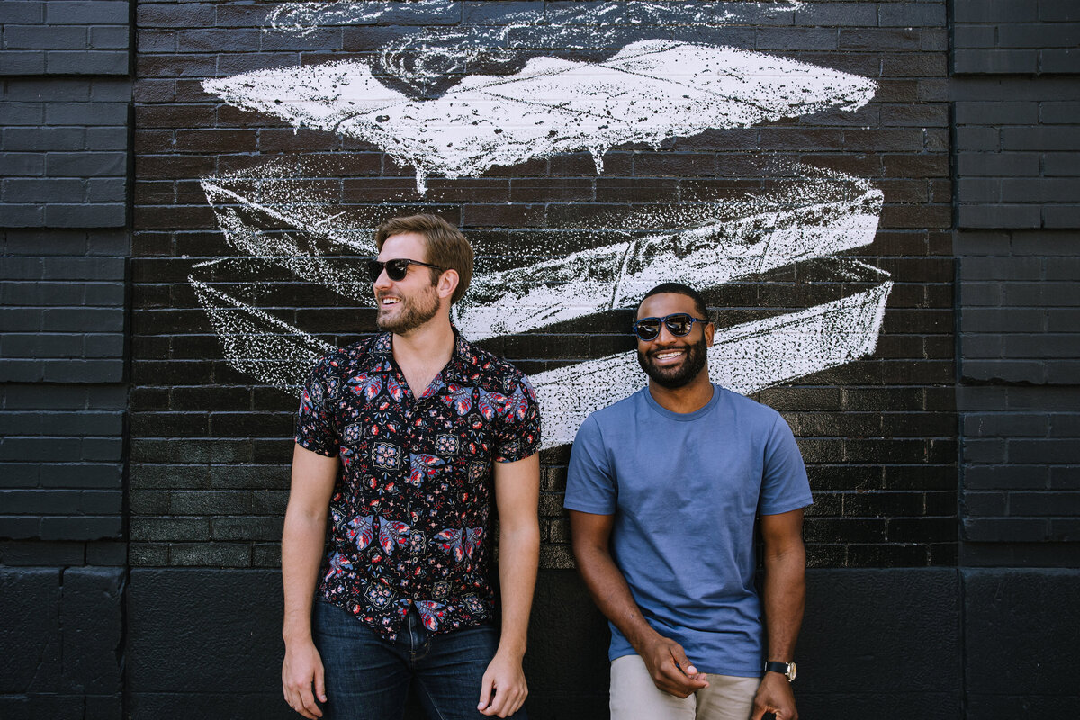 Two men wearing glasses for branding photos for North Point Eyewear of Pittsburgh. 