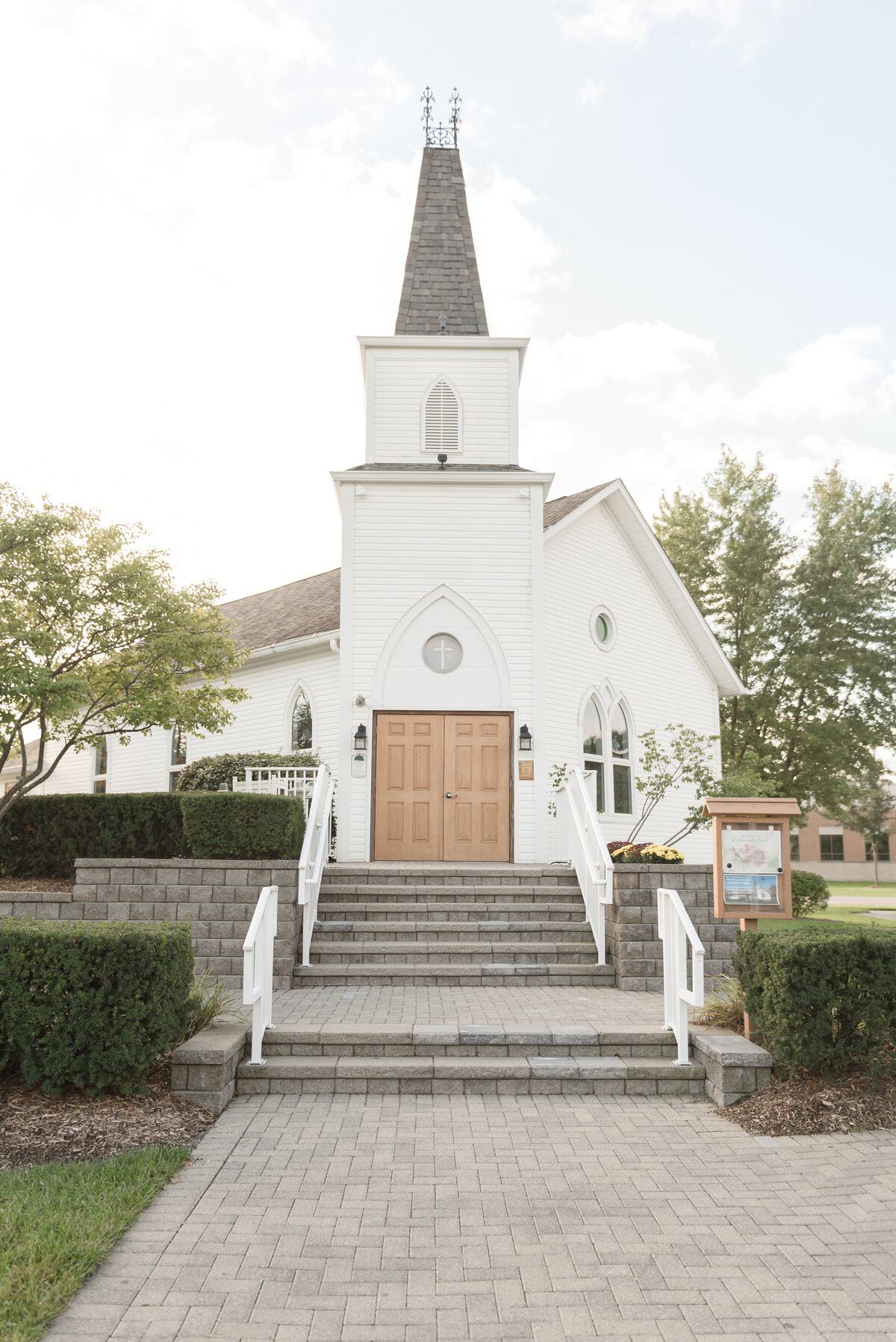 white church with large steeple
