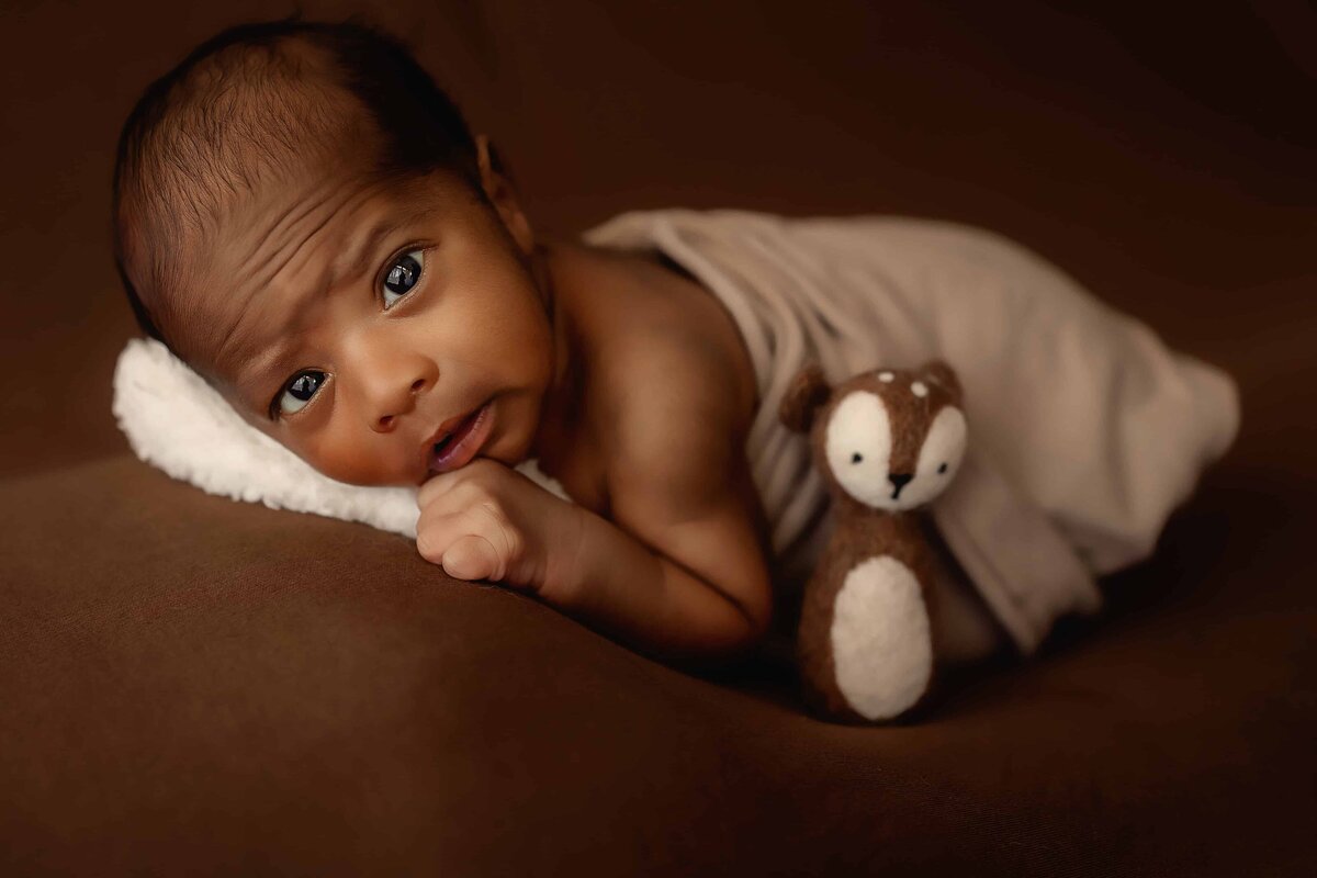 newborn baby with stuffy on brown background