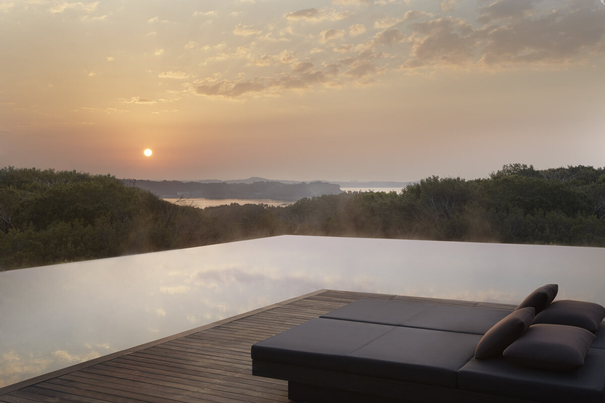 Infinity swimming pool at hotel in Amanemu, Japan