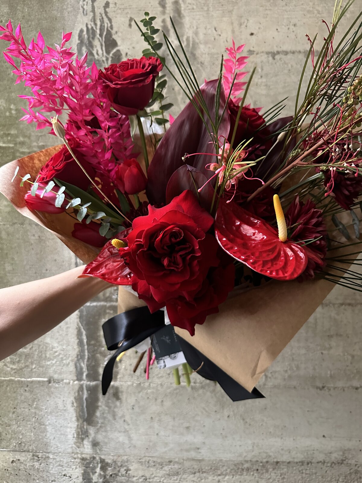 redwrapbouquetpetalumadeliveryflowers