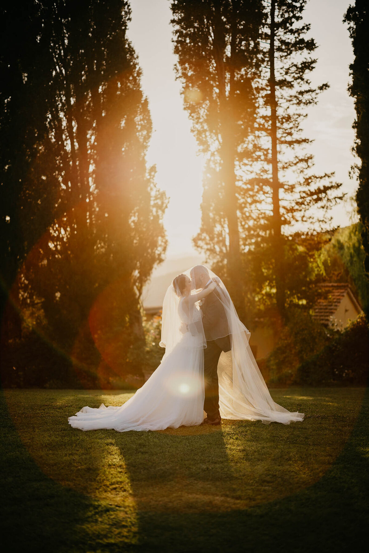 Bride and groom kissing at sunset on villa Bivigliano lawn, wedding photographer Tuscany.