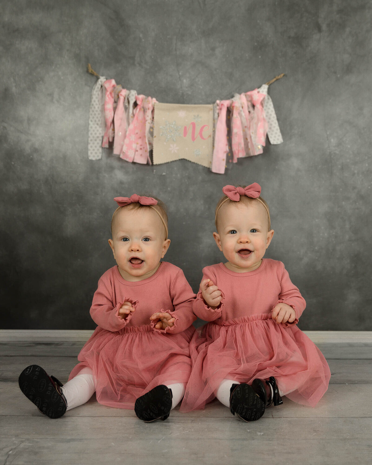 Twin 1 year old girls dressed in matching pink dresses with one banner hanging behind them.