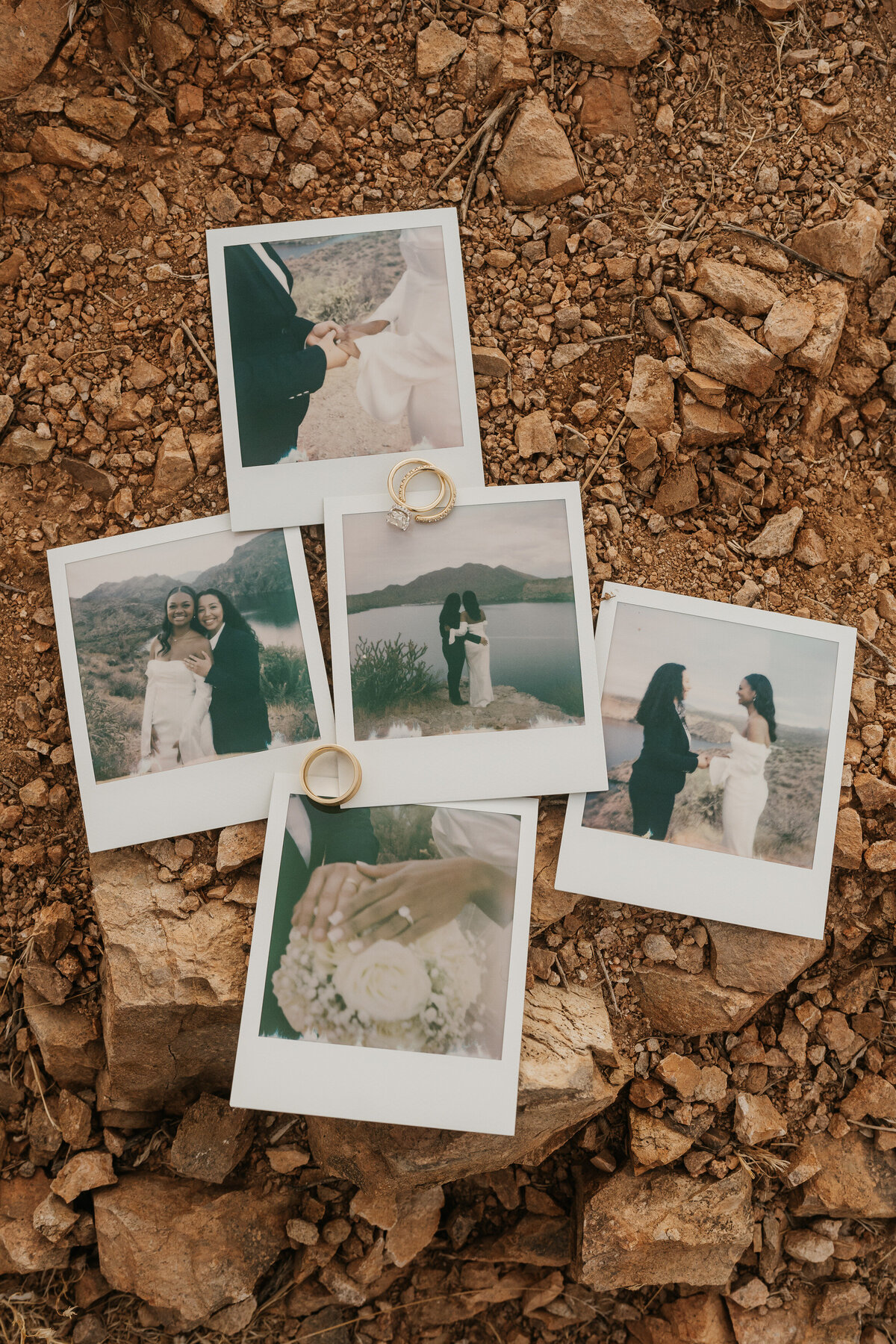 Polaroids laid out on the ground in the desert 