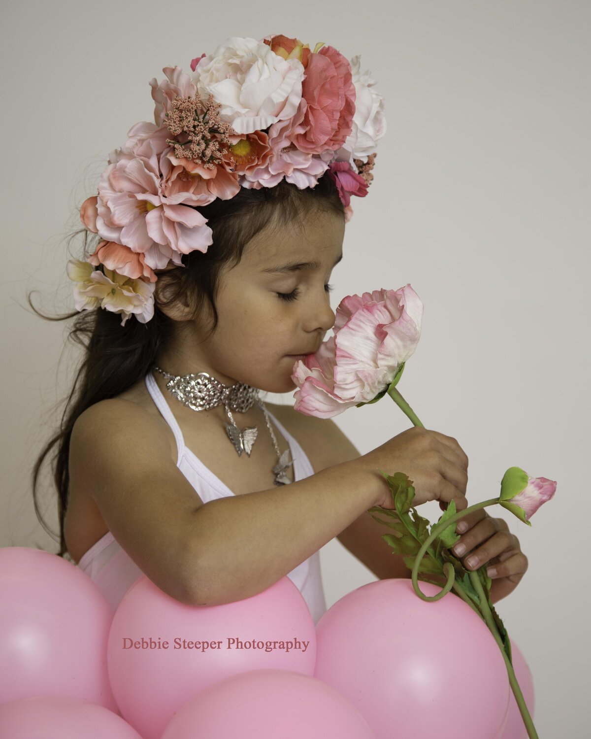 flower-headpiece-peony-p;ink-balloons-photoshoot-fashion-necklace-butterflies-debbie-steeper