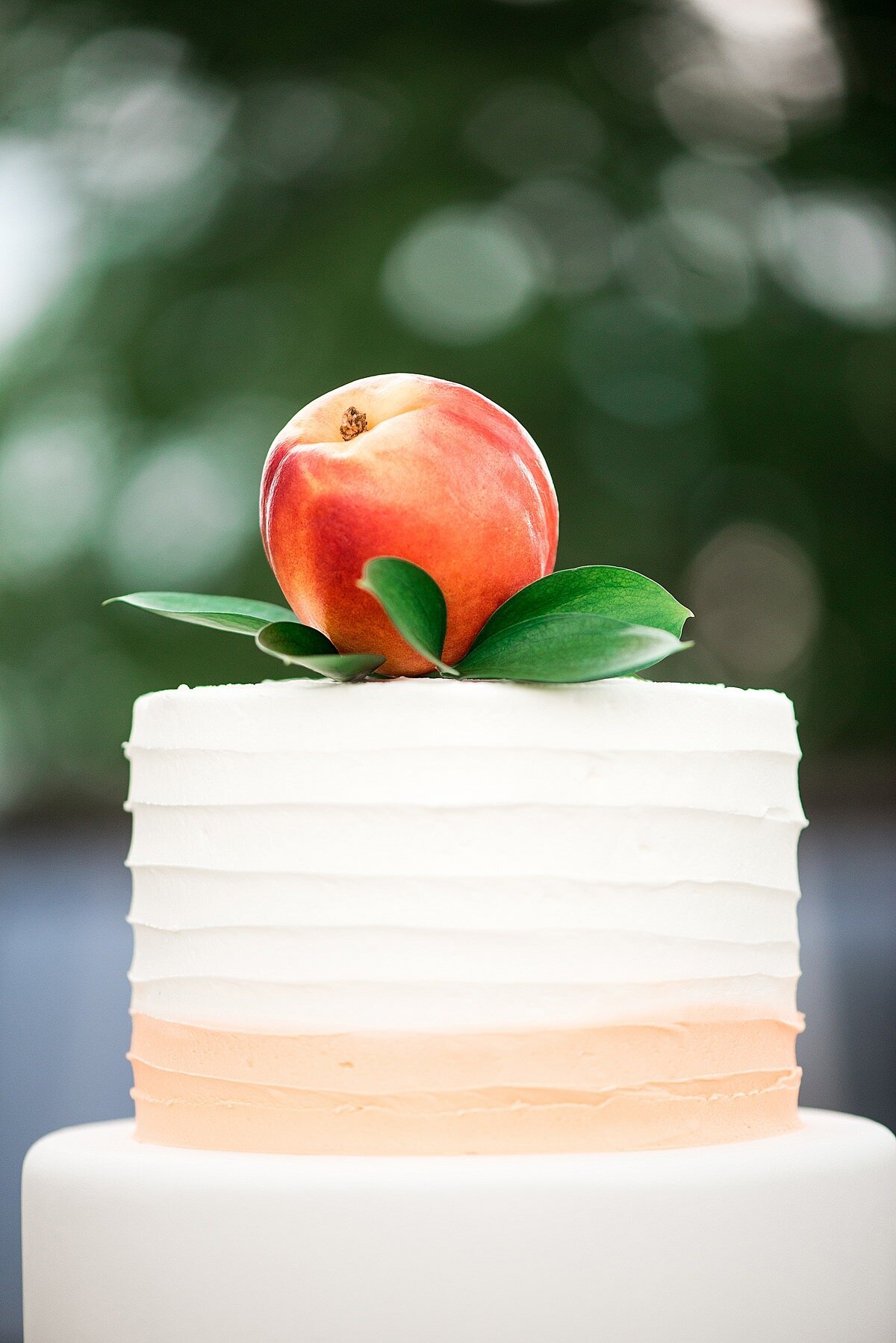 Anniversary tier of a five tier handpainted peach wedding cake topped with a fresh peach at Ravenswood Mansion