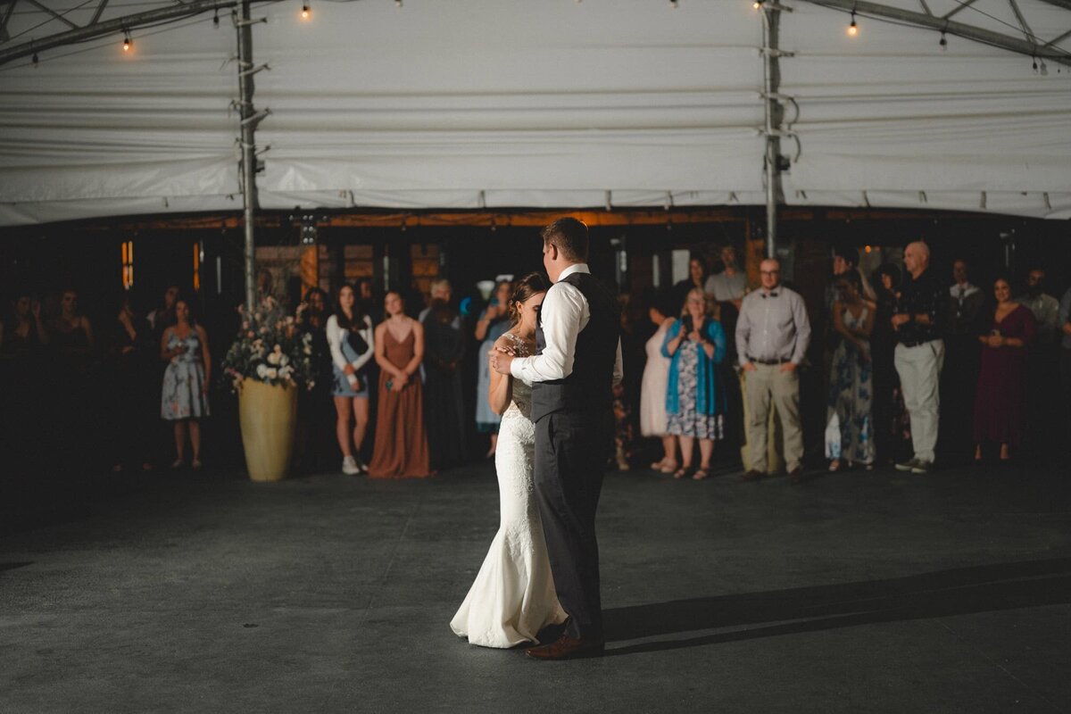 Wedding couple doing first dance in front of guests