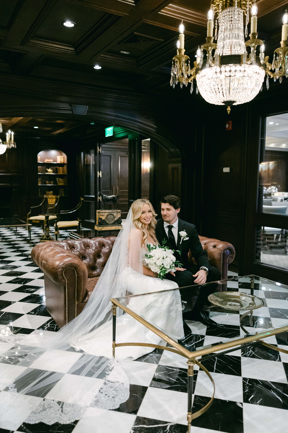 bride and groom in library at park chateau