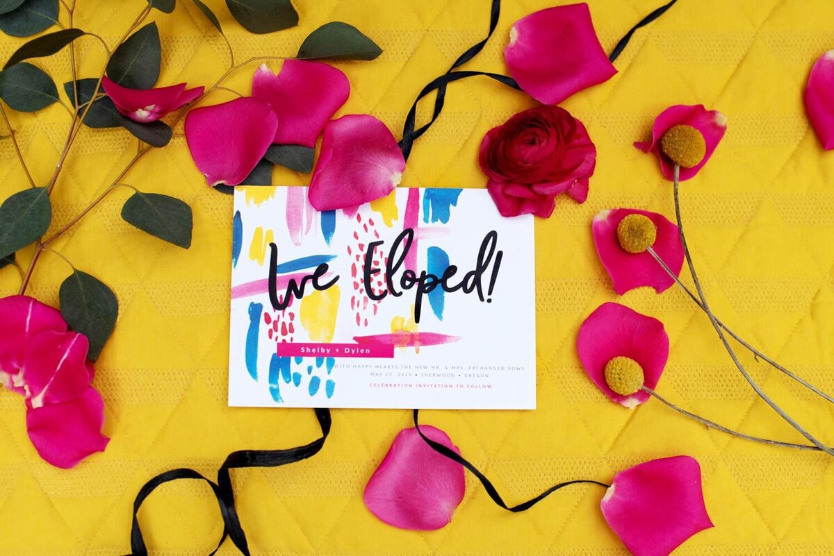 a colorful postcard that says we eloped!