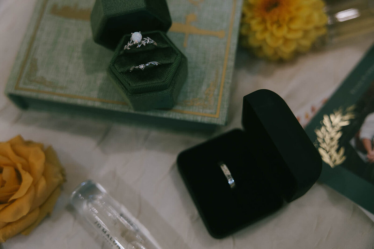 Fall wedding details including jewelry, perfume and flowers.