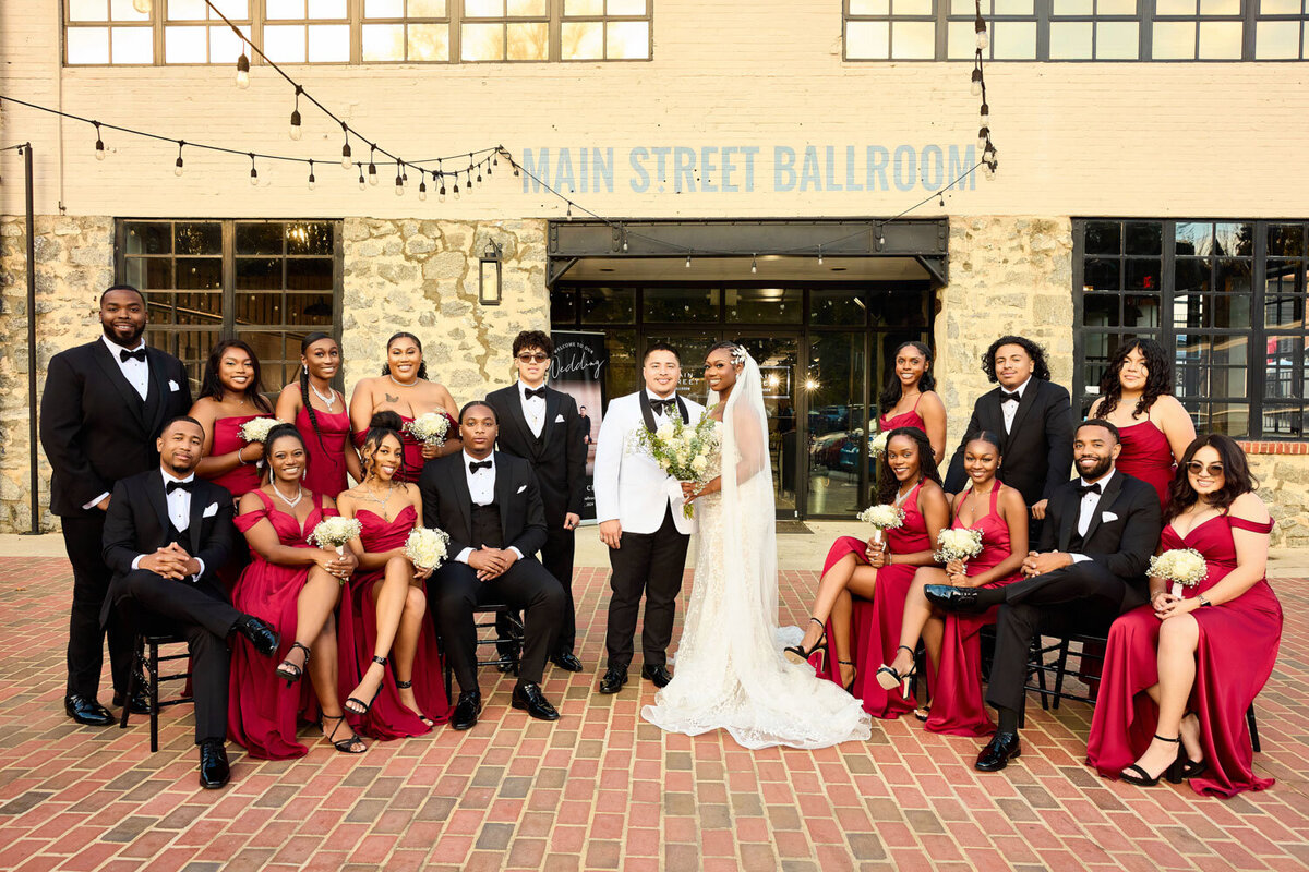 Portrait of wedding couple and wedding party