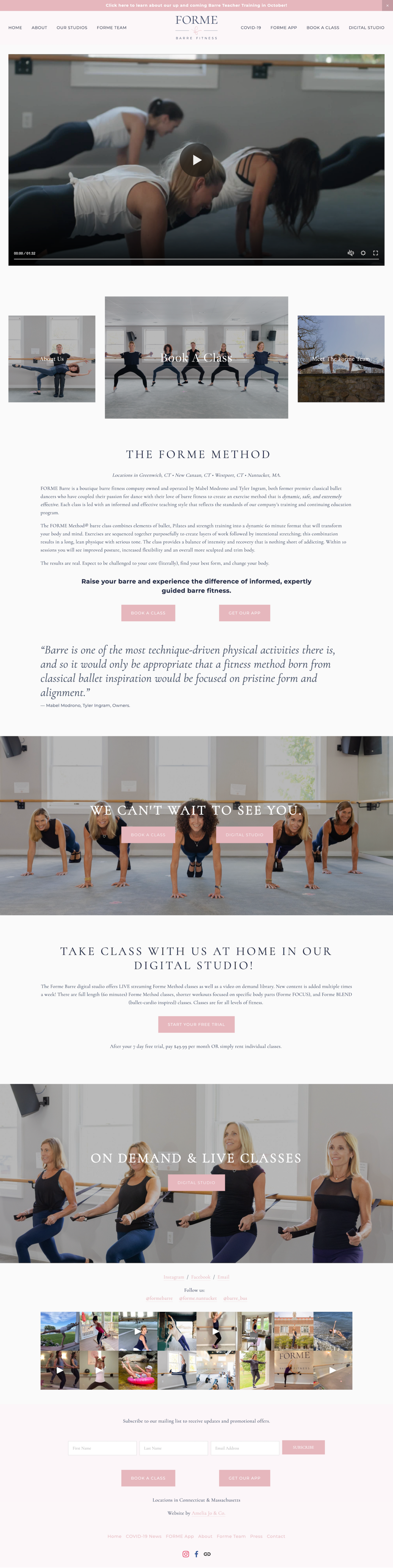 Homepage of Forme Barre website featuring a informational video and studio  imagery