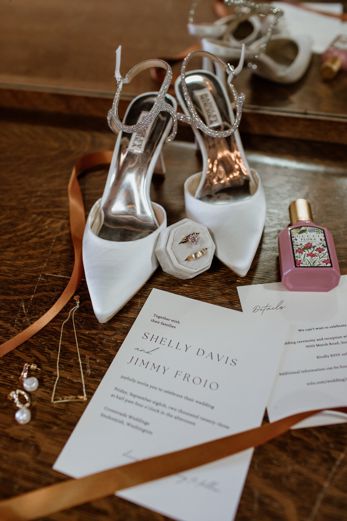 Little details of bridal shoes, rings, and invitations captured by Fort Worth wedding photographer, Megan Christine Studio