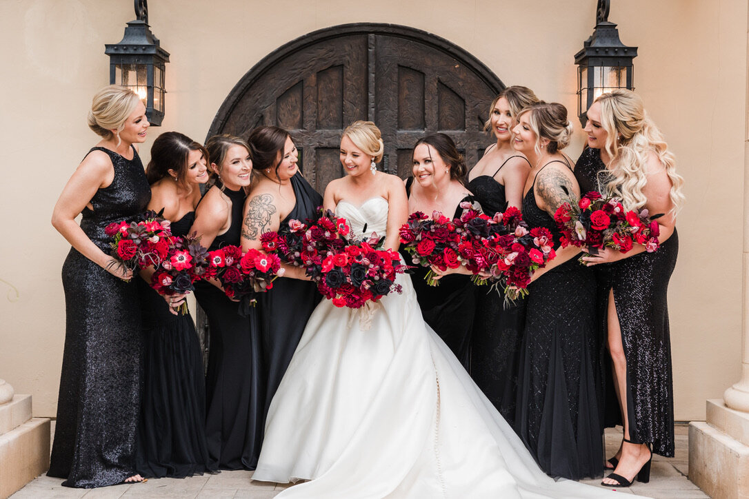 golf club wedding, black bridesmaids dresses, red bouquets, updo hair style, formal wedding, 