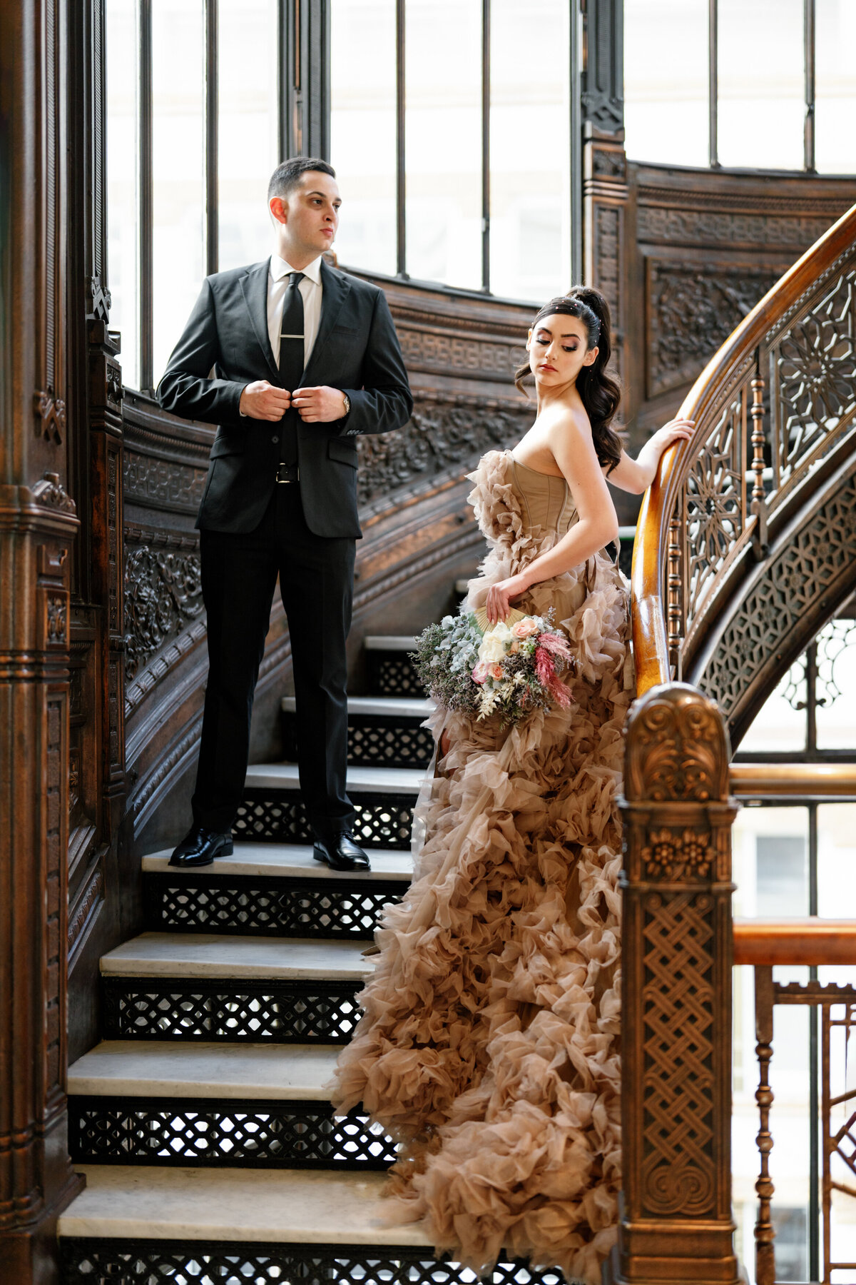 Aspen-Avenue-Chicago-Wedding-Photographer-Rookery-Engagement-Session-Histoircal-Stairs-Moody-Dramatic-Magazine-Unique-Gown-Stemming-From-Love-Emily-Rae-Bridal-Hair-FAV-9