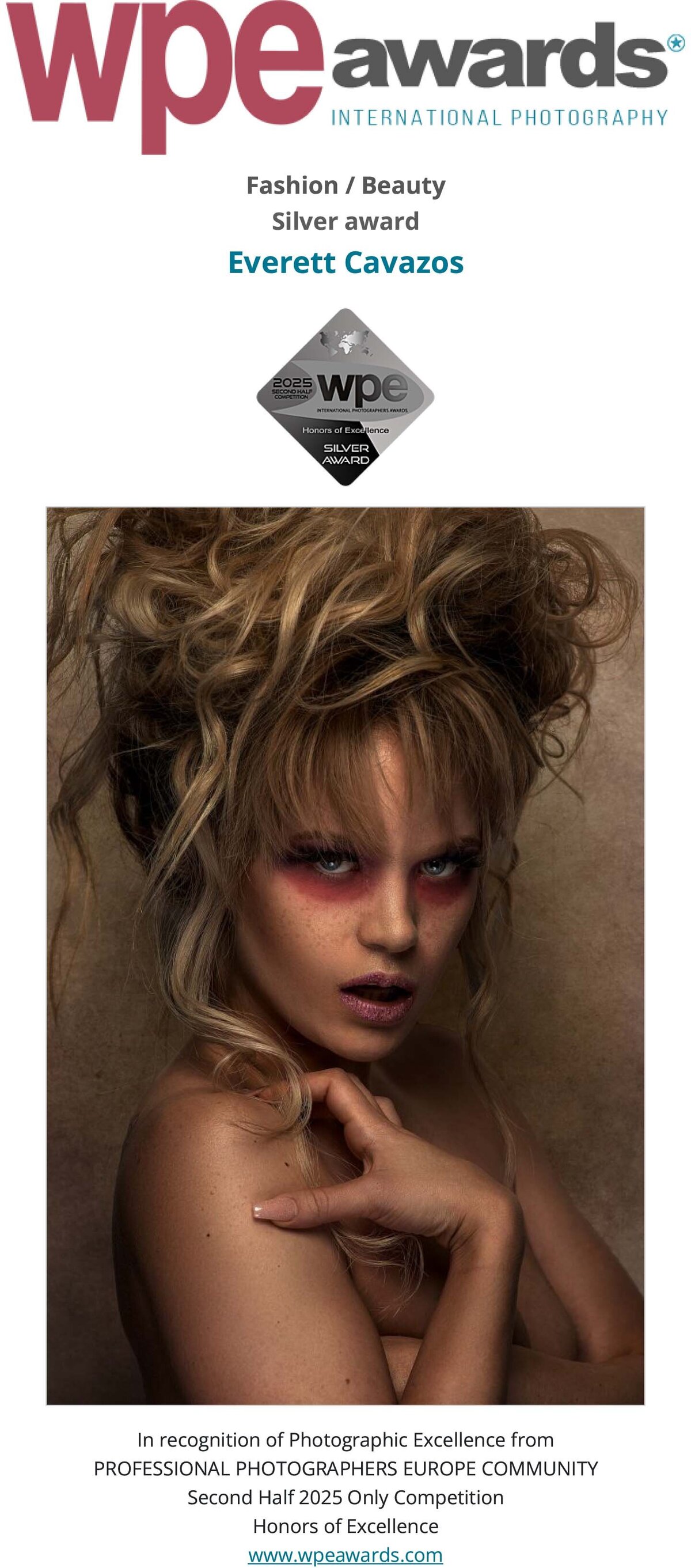 WPE - International Photographers Awards - Certificate delivered to Everett Cavazos-ashley