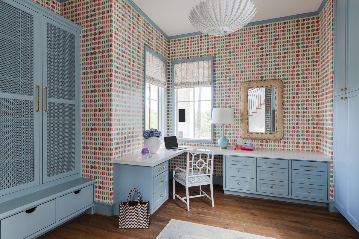oyster creek studios memorial new build circle pattern wallpaper and light blue desk in home office 