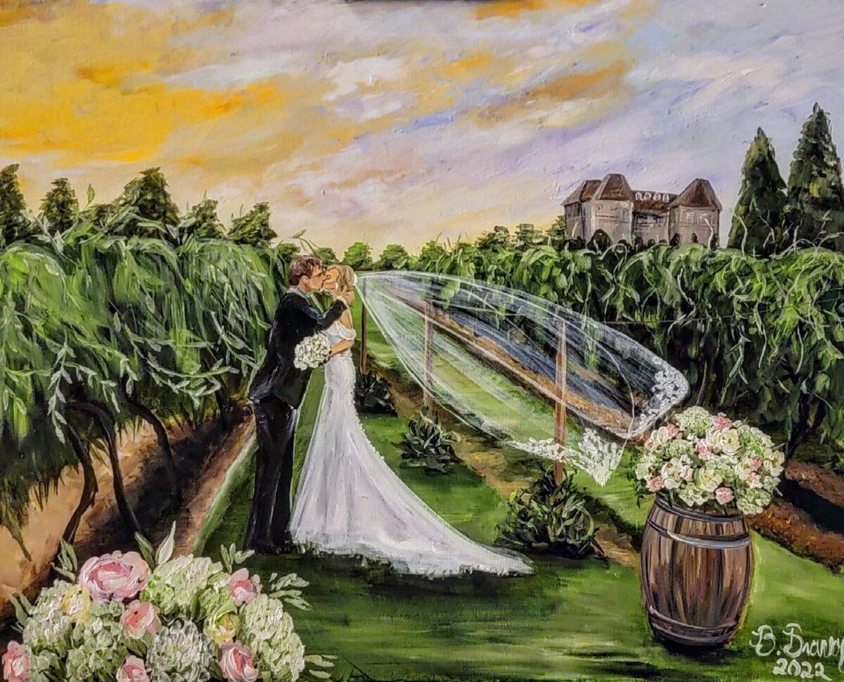 Live wedding painting of a bride and groom in the vineyards of the Chateau Elan in Braselton, Georgia