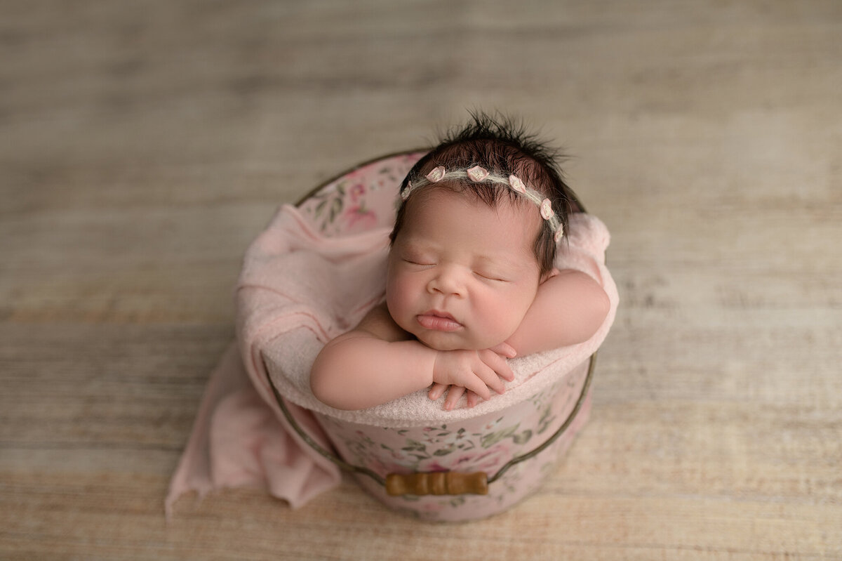 Newborn baby posed in a bucket