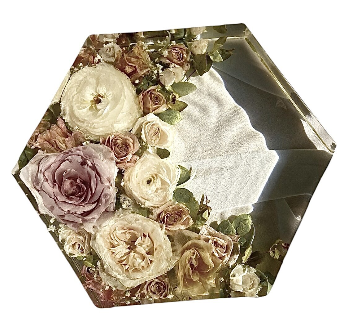 9” hexagon resin block with lavender tan and white wedding flowers preserved as a family heirloom