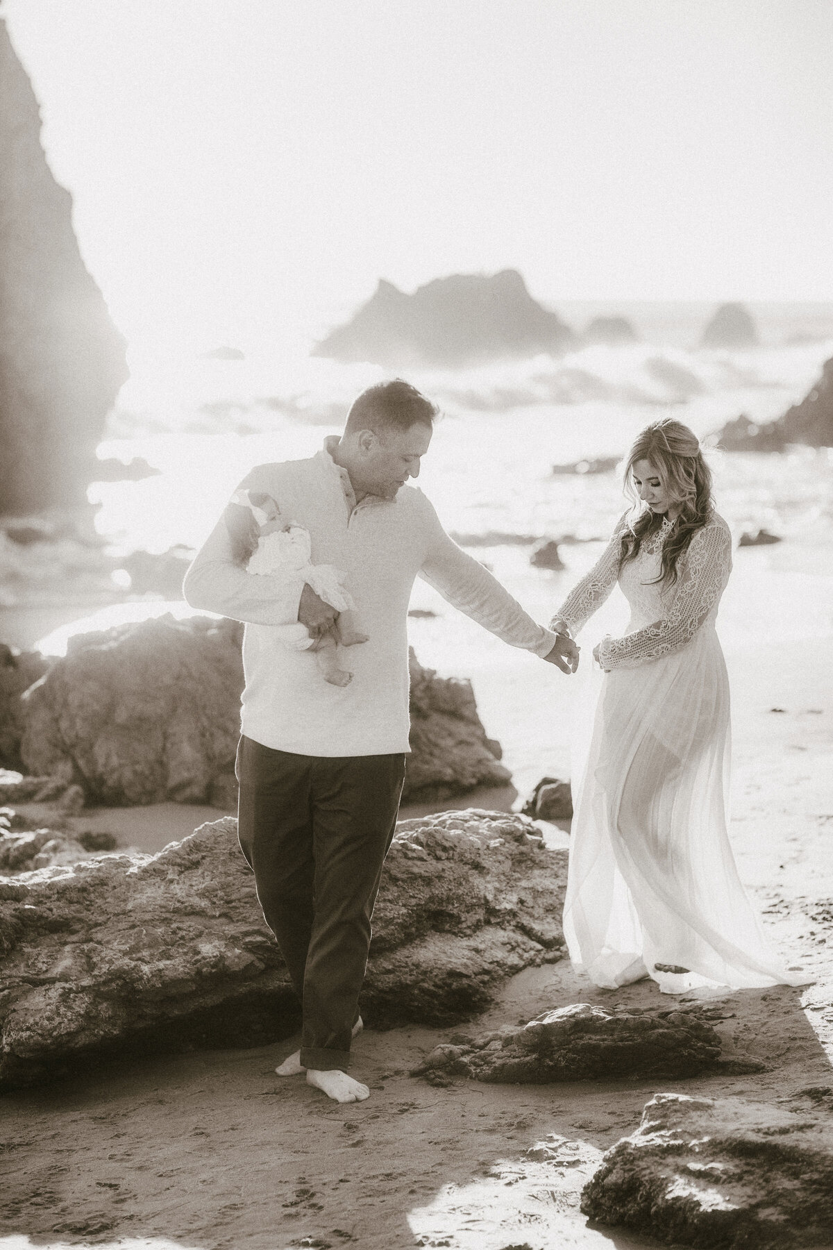 Family Portrait Photo Of Couple With Their Child Walking On The Shore Los Angeles