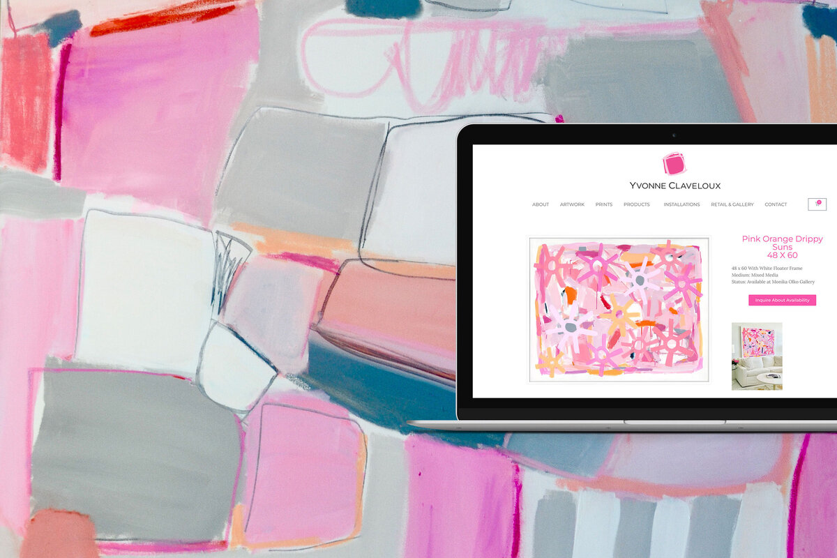 Mac Laptop mockup of Yvonne Claveloux E-Commerce page with art piece background image