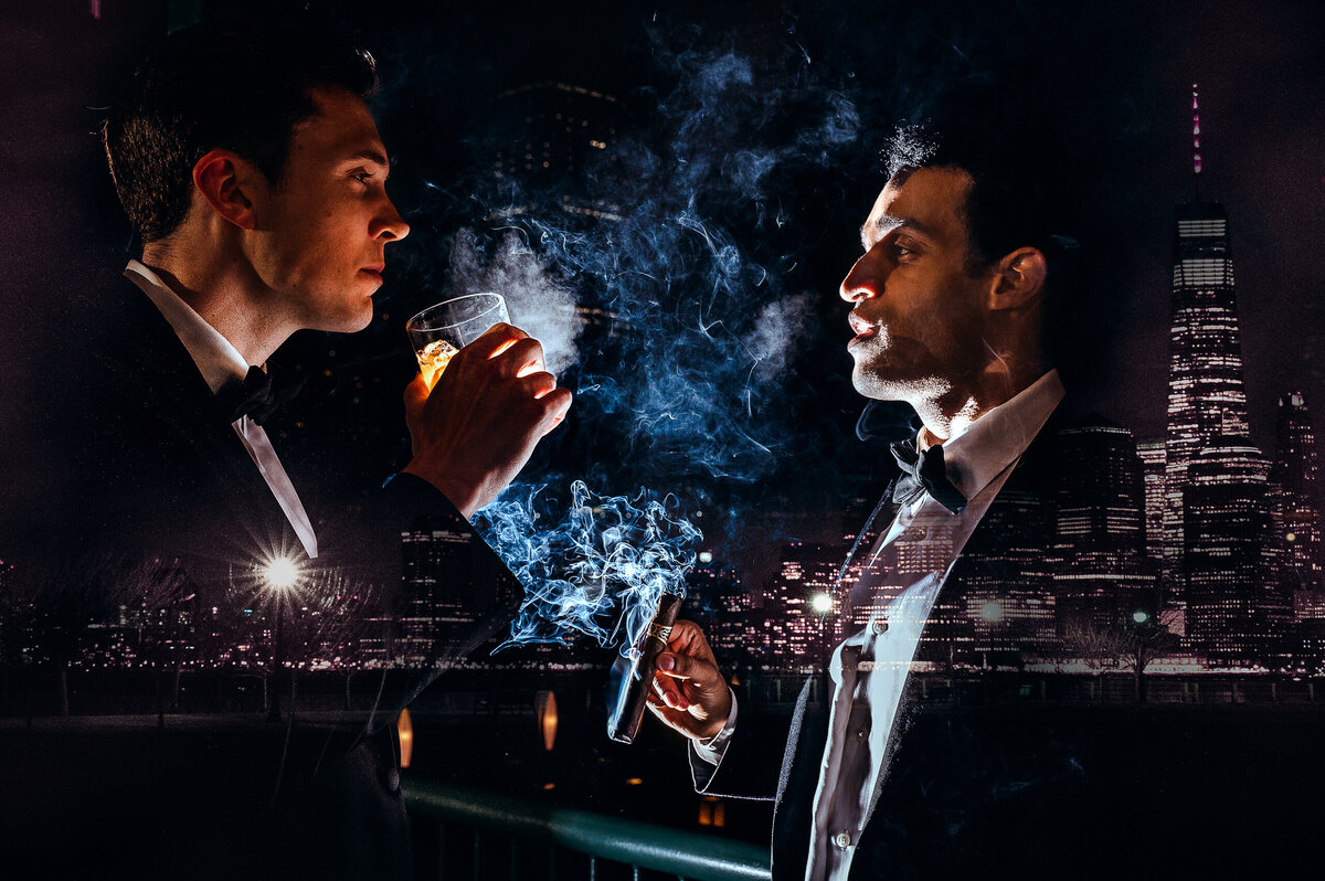 new-jersey-creative-wedding-photographer-at-nyc-skyline-liberty-house-new-jersey-groom-smoking-cigar
