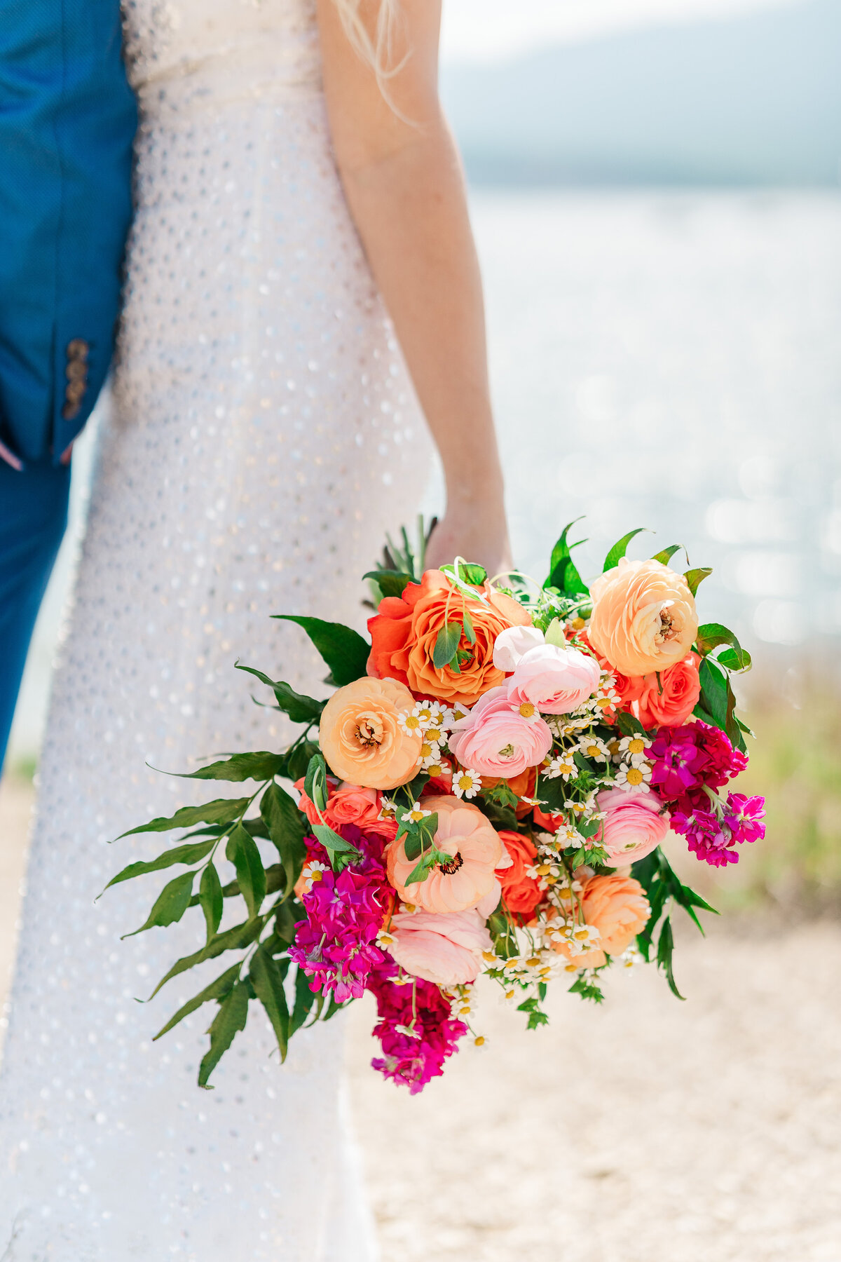 Lake Dillion Reservoir Colorado Elopement Wedding Mountain View Summer Pink and Orange Florals Sparkly Dress Light and Airy Elena Spraguer Photography0125
