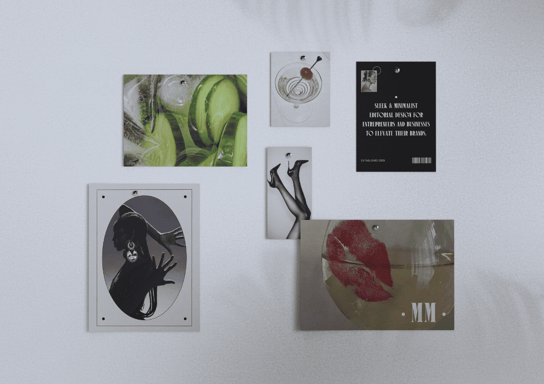 Close-up of diverse art prints on a white wall, showcasing a mix of photographic, illustrative, and graphic styles. Subjects include sliced cucumbers, a cocktail, a figure in silhouette, legs in heels, a lipstick kiss, and branding materials.
