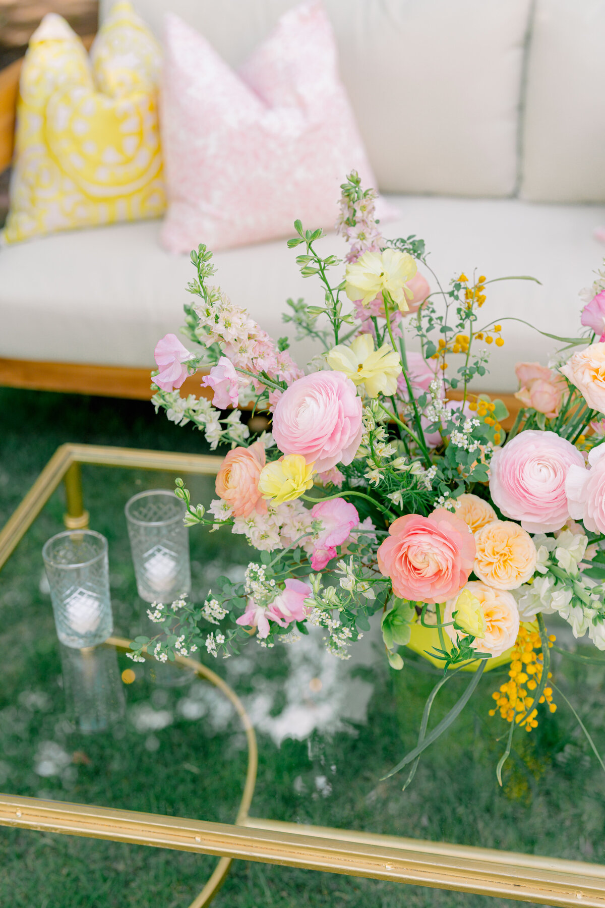 Spring yellow and pink Thomas Bennett House destination wedding. Cocktail hour furniture.
