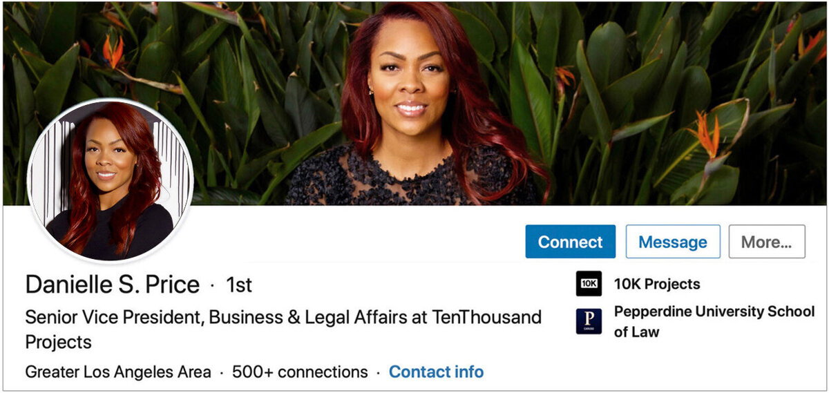 Example of LinkedIn Profile Picture with Background Image featuring Danielle Price smiling circle insert background image against leaves and birds of prey flowers