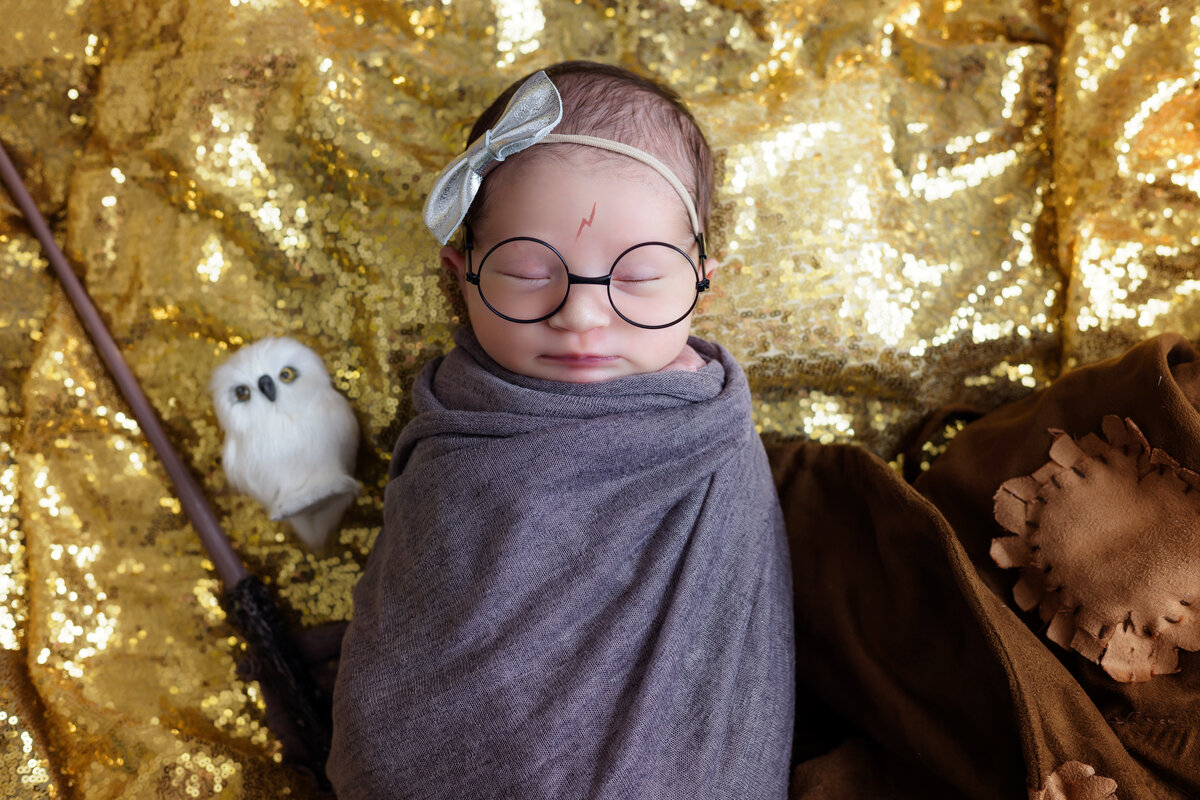 Newborn Photographer, a baby wears round glasses like harry potter, there is an owl and wand beside her on gold sheets