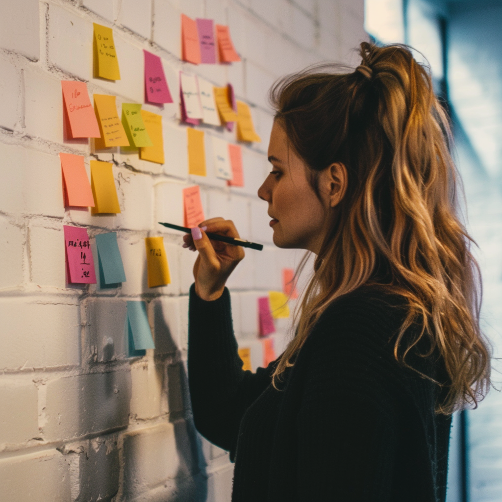 ygioots_a_woman_writing_on_sticky_notes_on_the_wall_--stylize_354046df-c8c9-4b95-98b4-1214c596d7cd_0