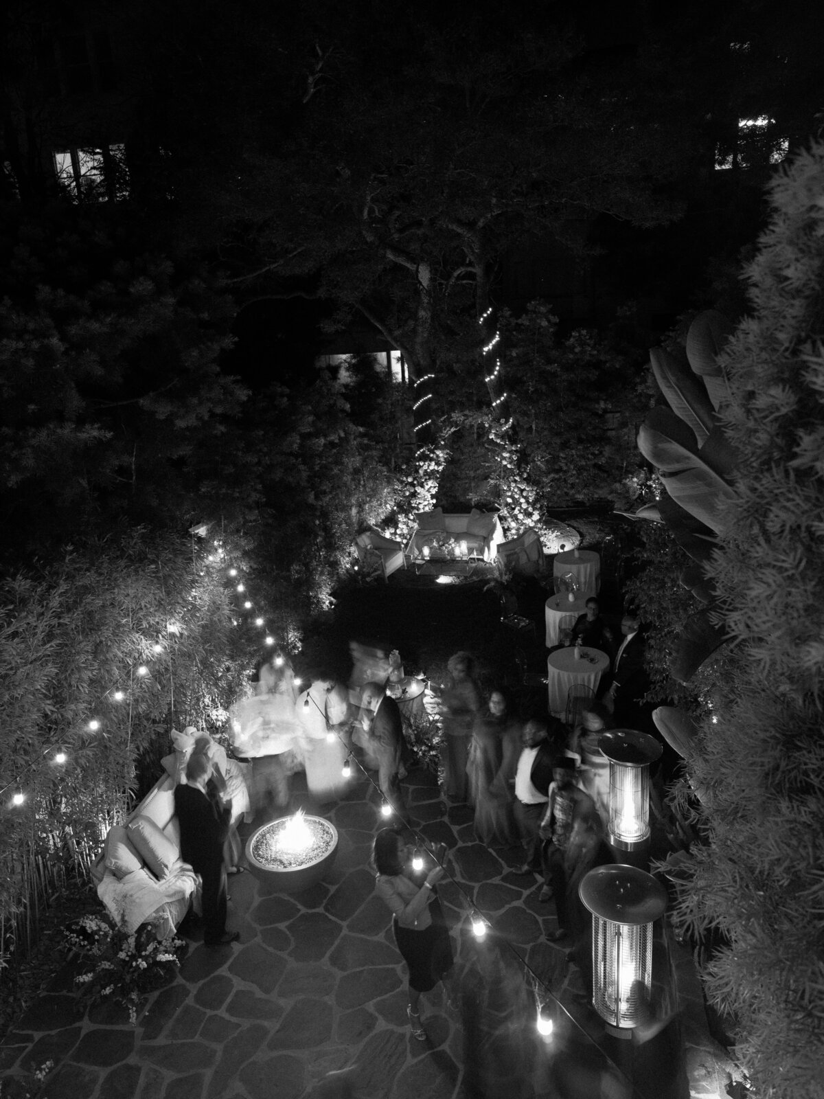 arial shot of wedding guests dancing at private residence in northern california with late night bites.